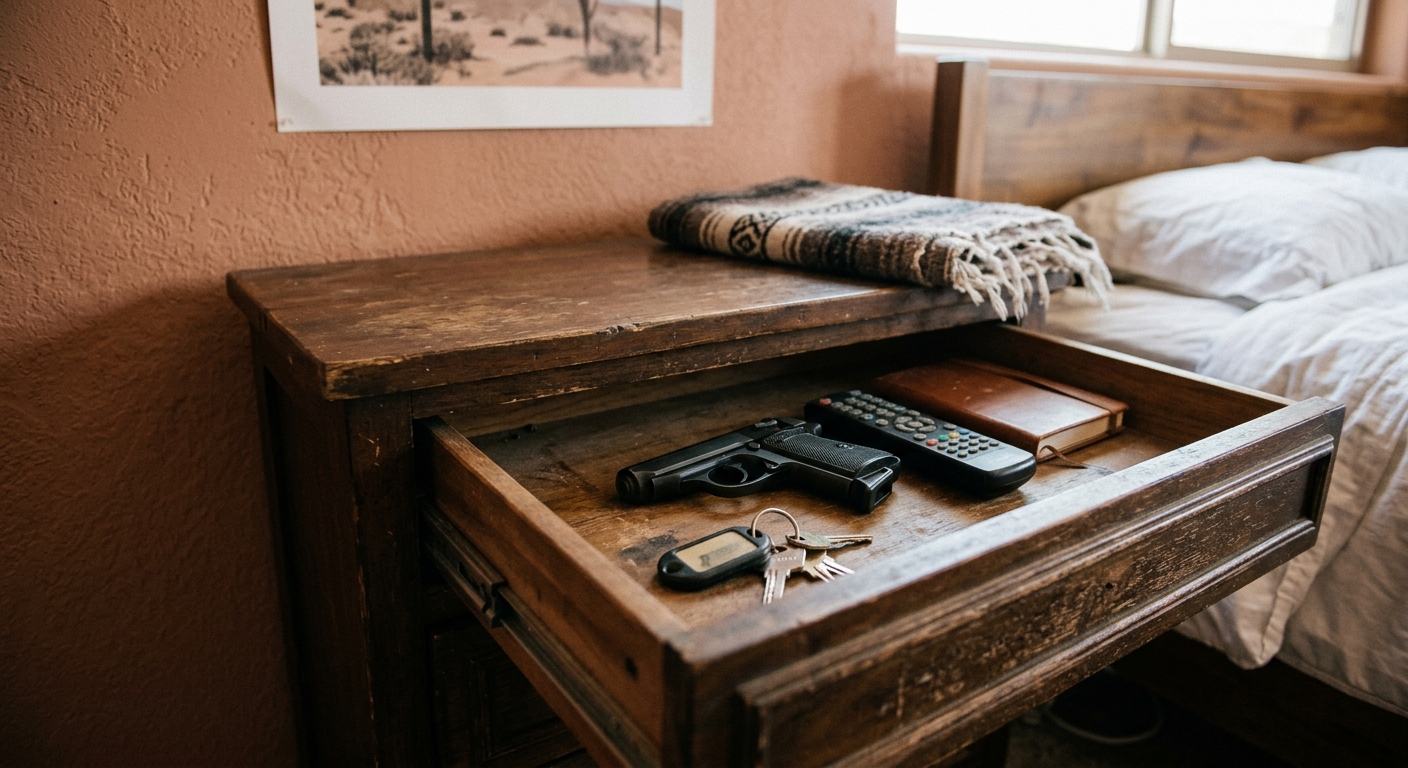 a small handgun lying completely unsecured inside a partially open wooden nightstand drawer alongside everyday household items like car keys and a television re