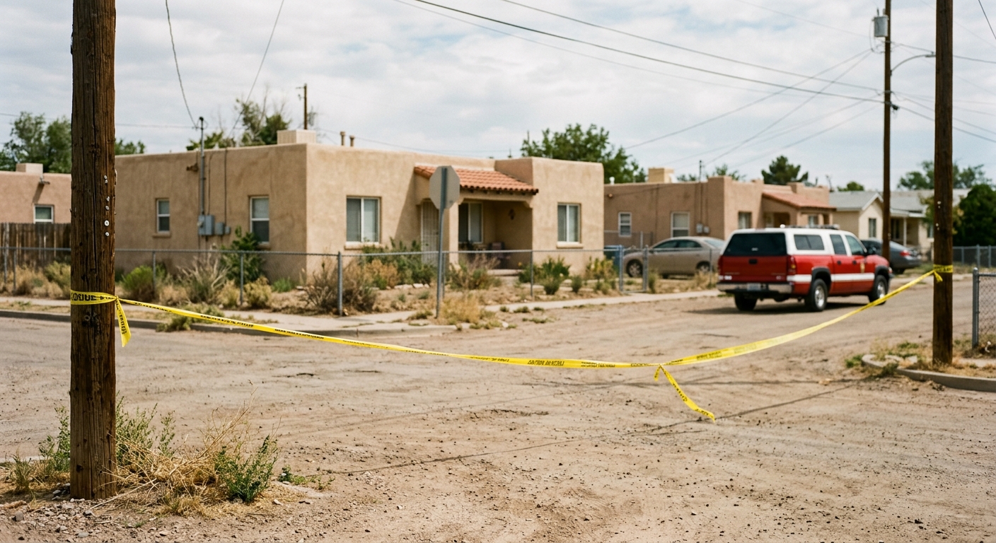 yellow caution tape strung across a dusty residential street corner, with an out-of-focus generic emergency vehicle parked near simple stucco houses typical of