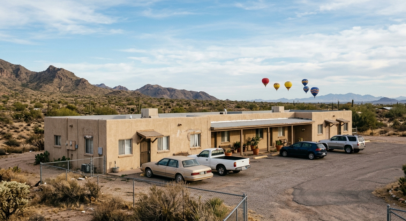 a modest flat-roofed stucco motel in a desert landscape with several cars parked out front and a few hot air balloons floating in the distant sky, natural every