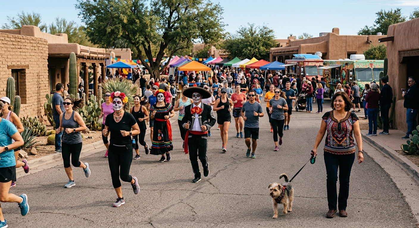 a group of community members, some wearing traditional sugar skull face paint, participating in a festive morning fun run on a desert-landscaped street with ado