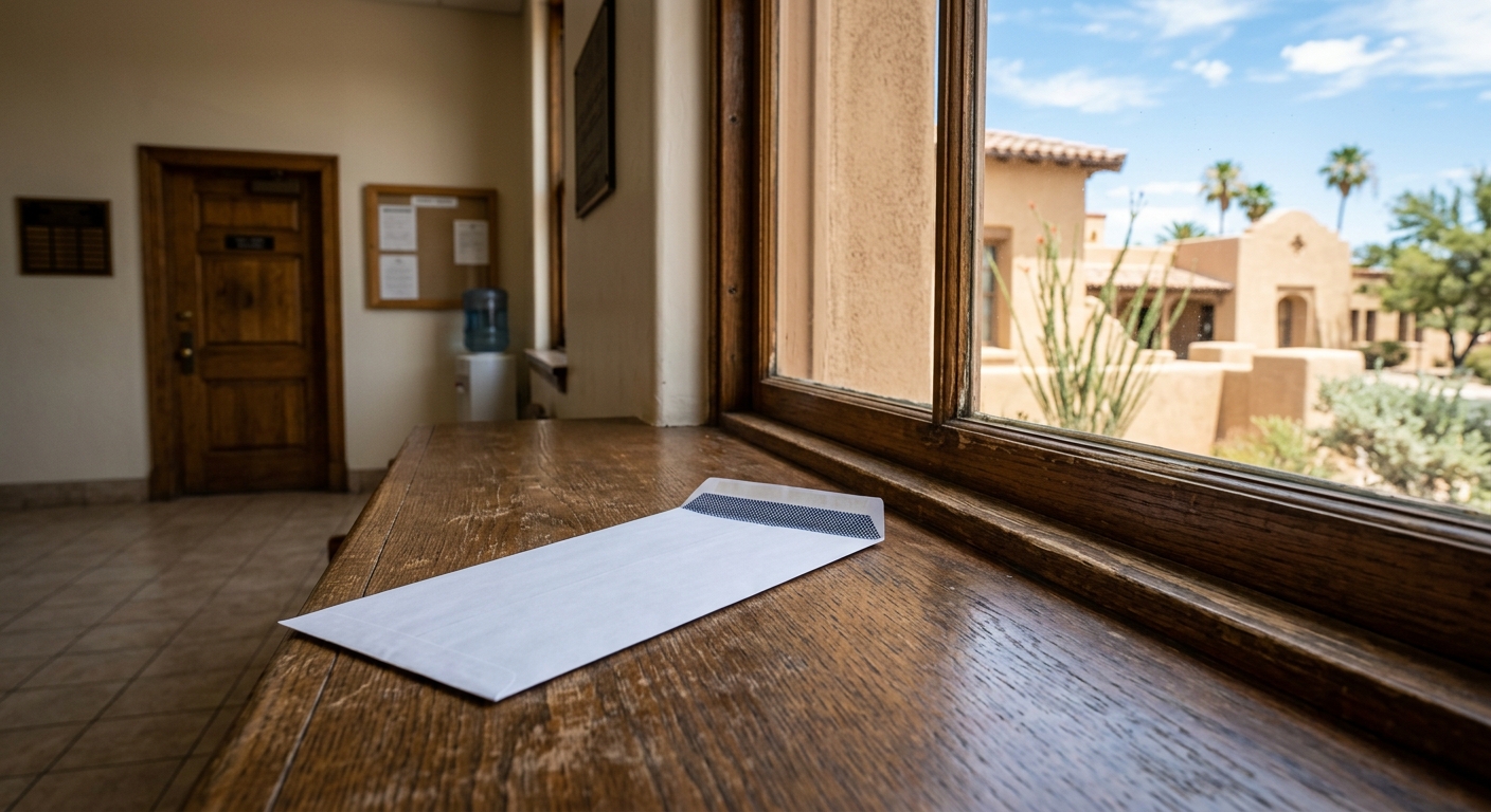 a blank sealed security envelope resting on a wooden counter inside a local government building, with a window revealing tan stucco architecture and a bright So