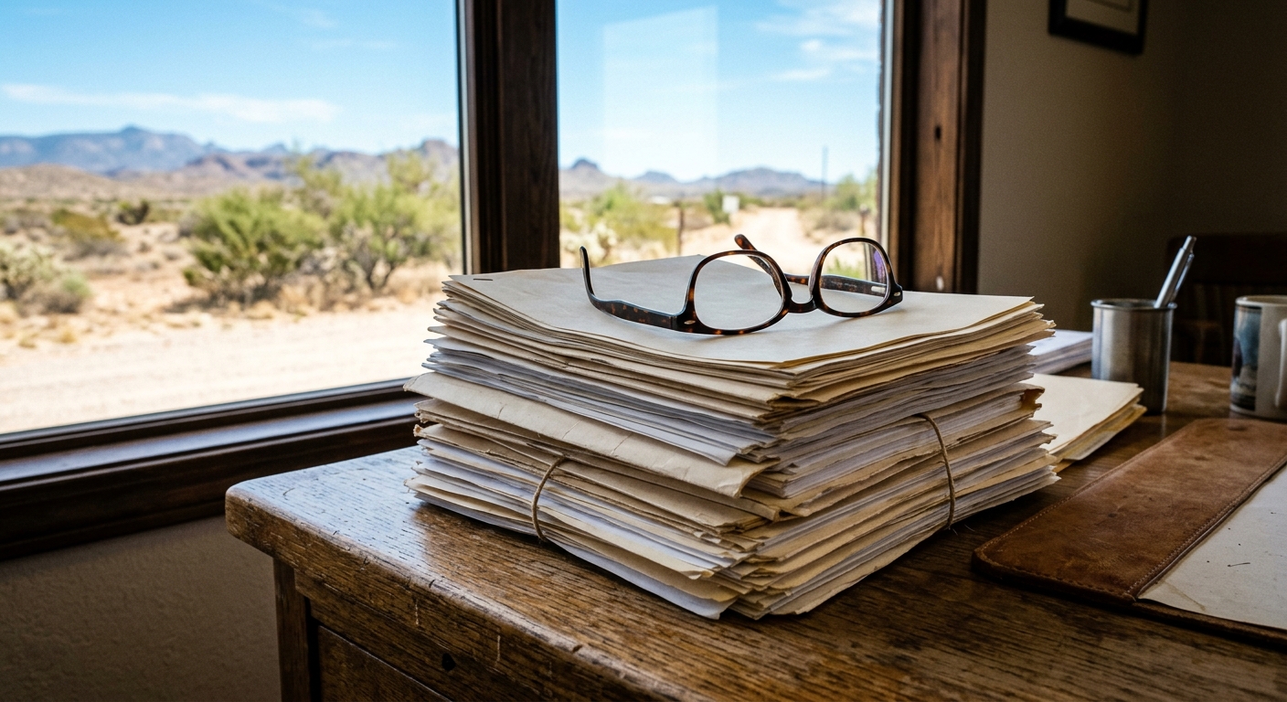 a stack of official government documents and a pair of reading glasses on a large wooden desk, with an out-of-focus arid Southwestern landscape and clear blue s