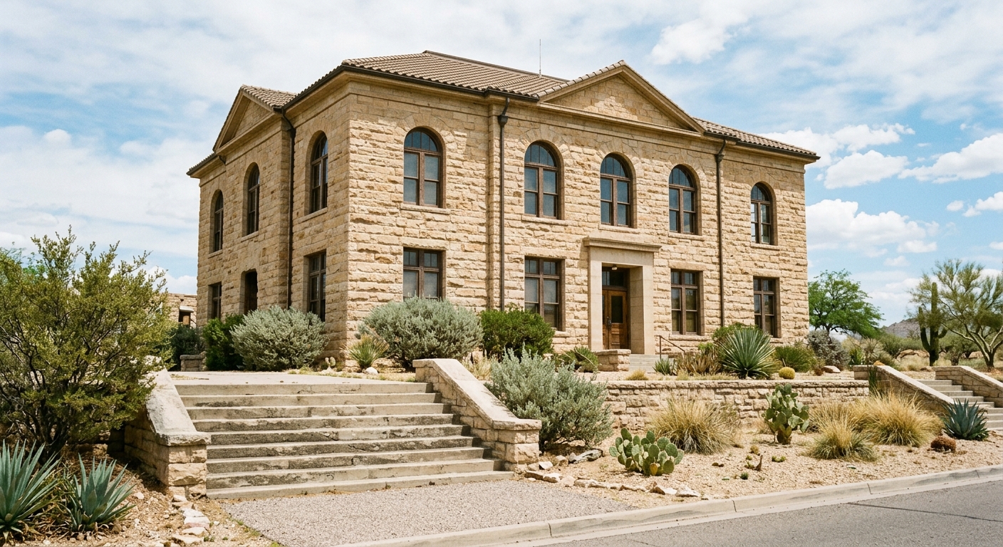 the exterior of a local county courthouse built from light tan stone, featuring wide concrete steps and a few scattered desert plants in the surrounding landsca