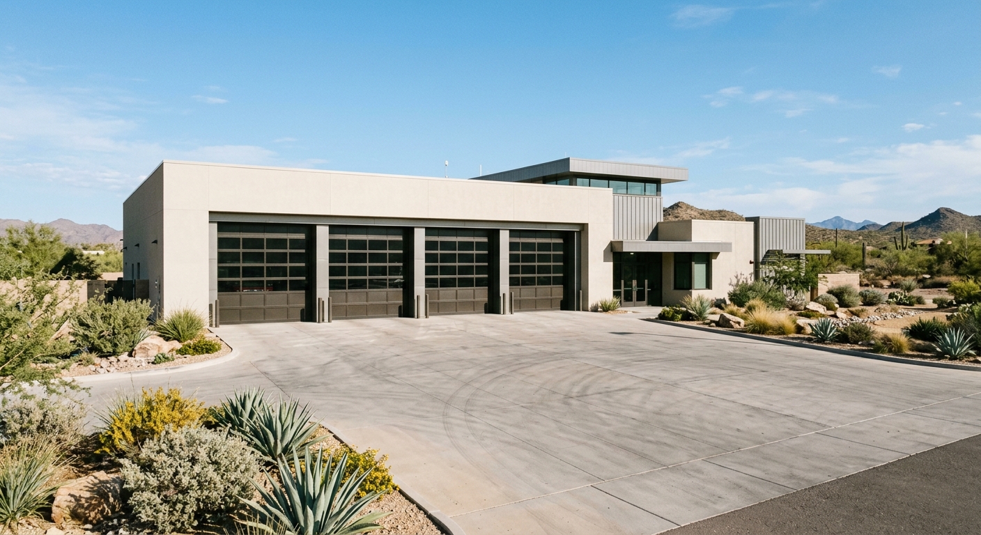 a newly constructed, modern fire station exterior with flat stucco walls and large closed garage doors, featuring an empty paved plaza area in the foreground su