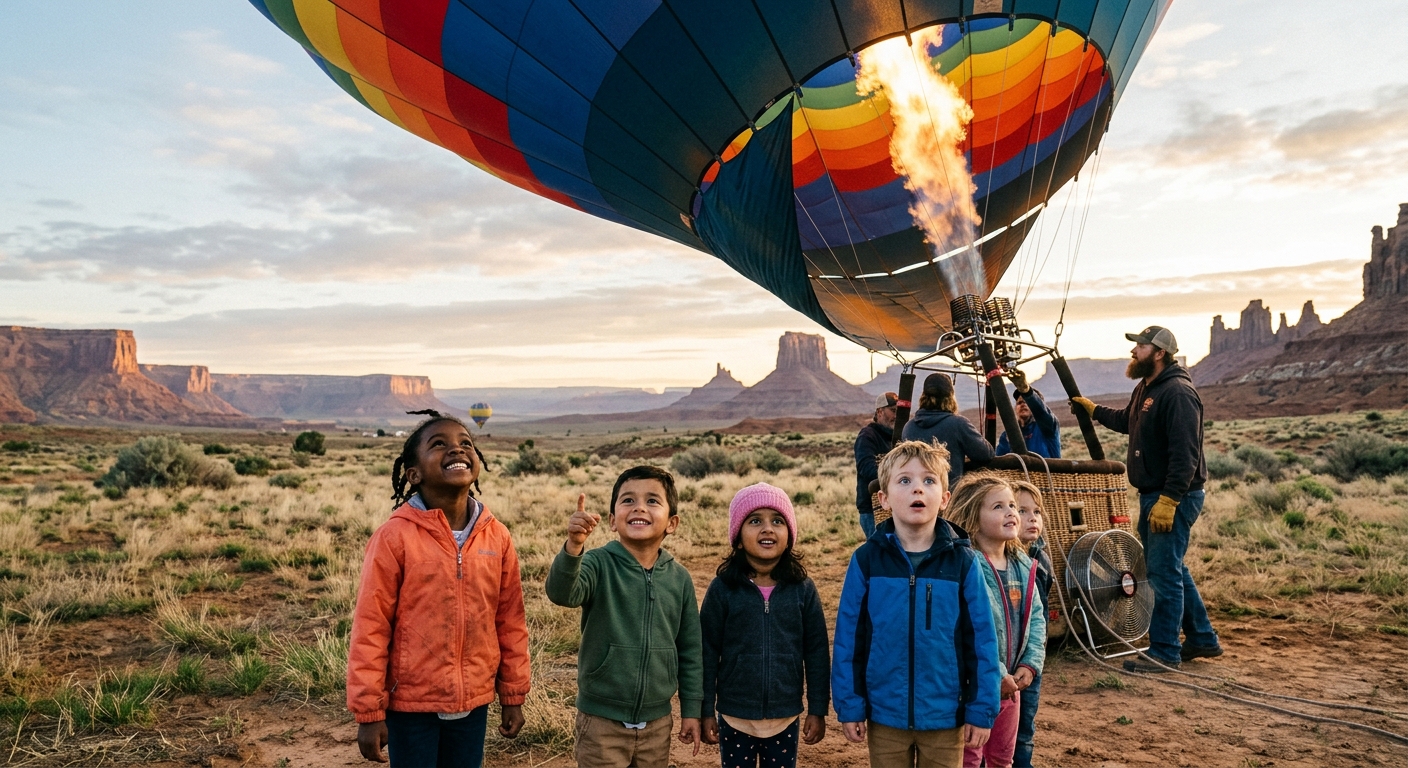 a diverse group of young children smiling and looking up in awe at a large hot air balloon being inflated on a field by a pilot and crew, with a Southwest deser