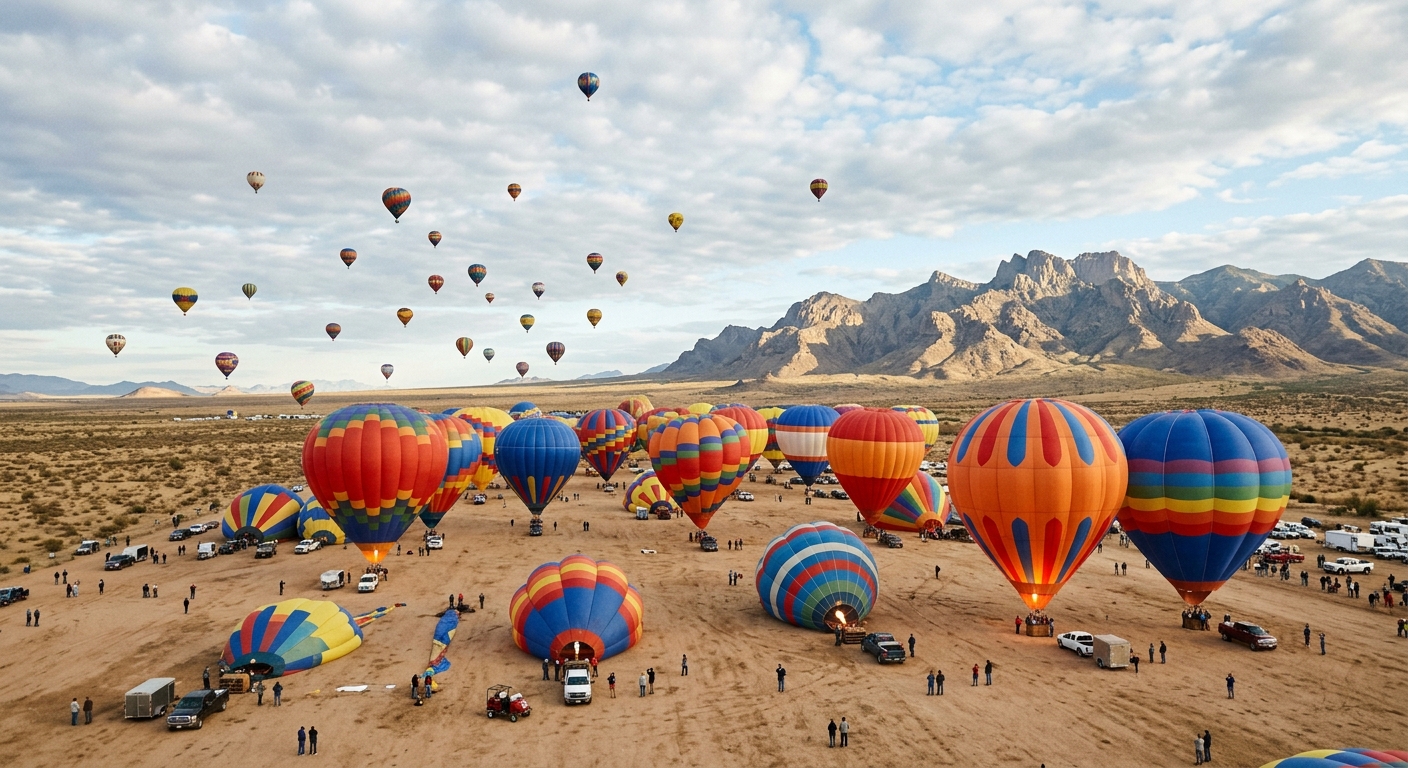 dozens of hot air balloons in a vast desert field, some inflating on the ground and others lifting into a partly cloudy morning sky, with distant rugged mountai
