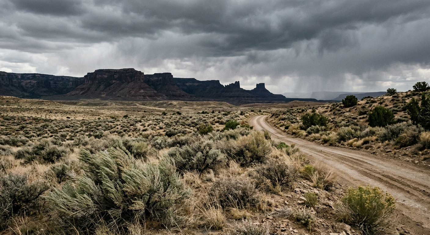 a high desert landscape featuring arid scrubland, sagebrush, and distant mesas under a heavy, grey overcast sky, with dry bushes leaning to show breezy conditio