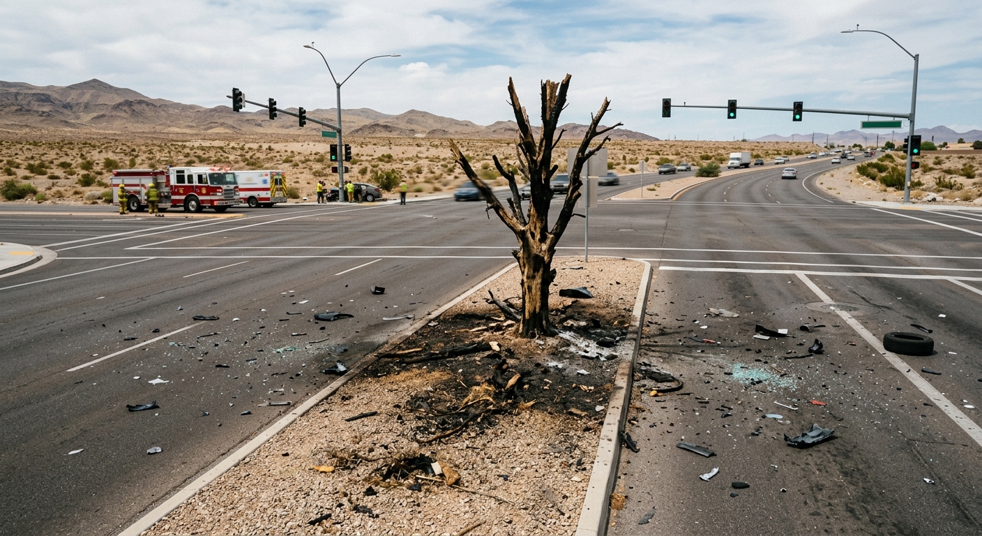 a wide city street intersection in a desert landscape, featuring a heavily damaged tree and scorched earth in the gravel center median, scattered vehicle debris