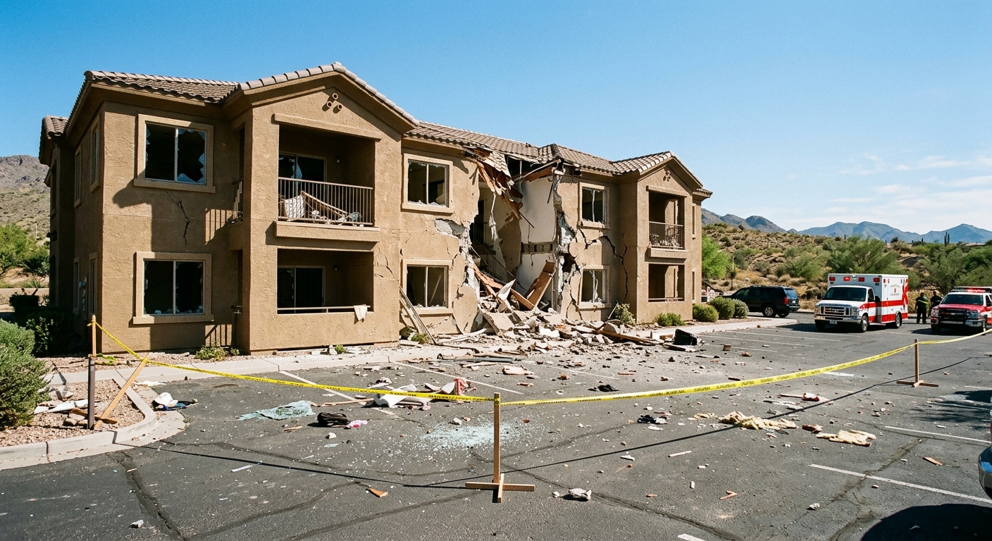 a damaged stucco apartment building with broken windows and structural debris scattered across a paved parking lot, bordered by yellow caution tape, an emergenc