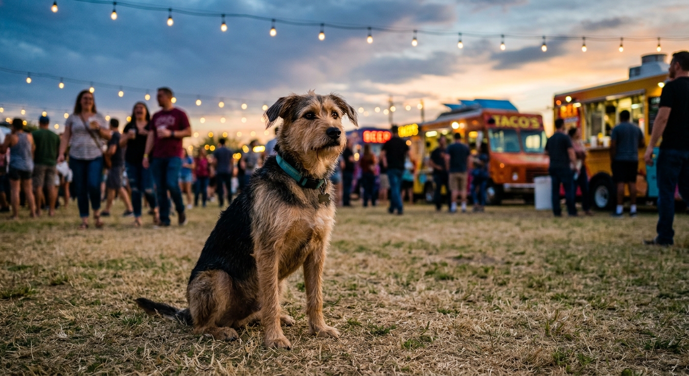 a mixed-breed rescue dog sitting on dry grass at a casual outdoor evening community event, blurred food trucks and a crowd of people in the background under str