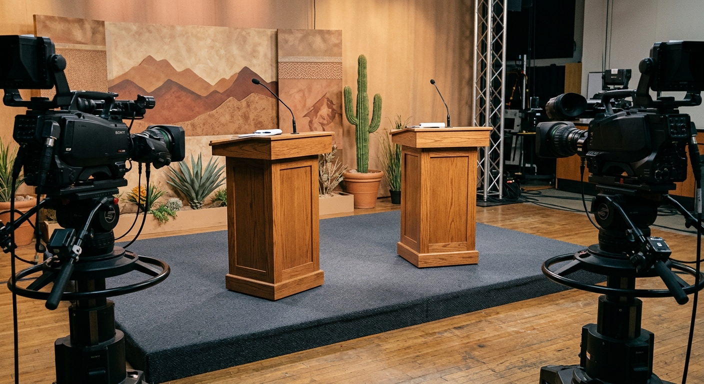 two empty wooden debate podiums on a local television broadcast stage, professional broadcast cameras positioned in the foreground, subtle Southwestern decor el