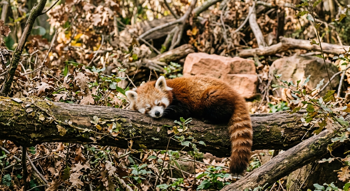 a small red panda cub resting on a sturdy tree branch inside a naturalistic zoo enclosure, featuring dry foliage and subtle terracotta-colored rocks in the back
