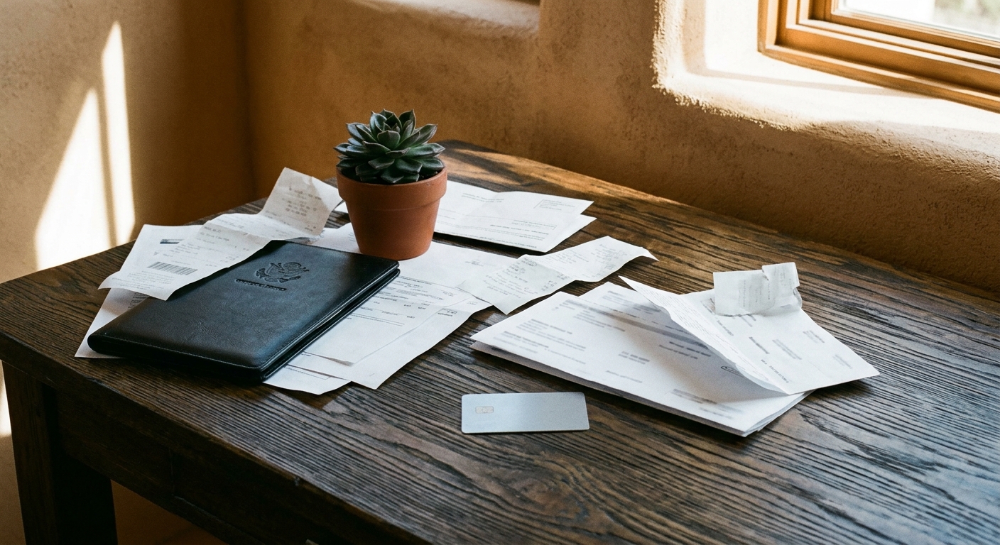 scattered financial paperwork, an unbranded metal credit card, and a black leather government-style portfolio resting on a dark wooden desk, with a small potted