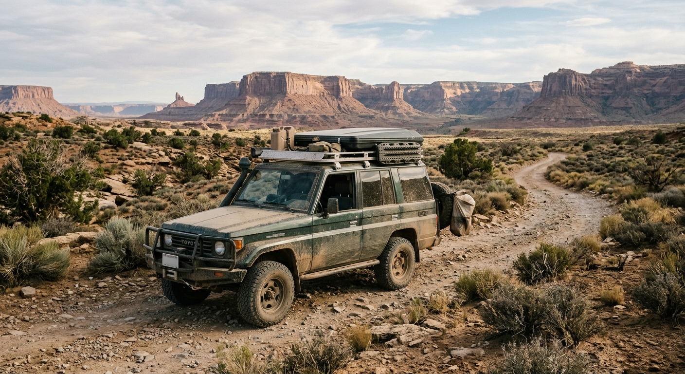 a dusty overlanding SUV equipped with roof racks and camping gear parked along a rugged dirt trail in a dry desert landscape with scrub brush and distant mesas,