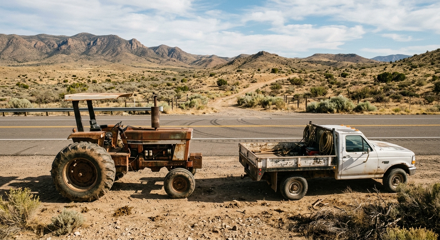 a large, weathered agricultural tractor parked next to a heavy-duty farm truck on a dirt shoulder beside a paved rural highway, surrounded by an arid southweste