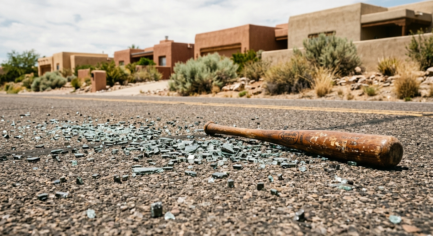 shattered safety glass from a vehicle window scattered across hot asphalt next to a wooden baseball bat, with typical Southwestern stucco buildings and dry dese