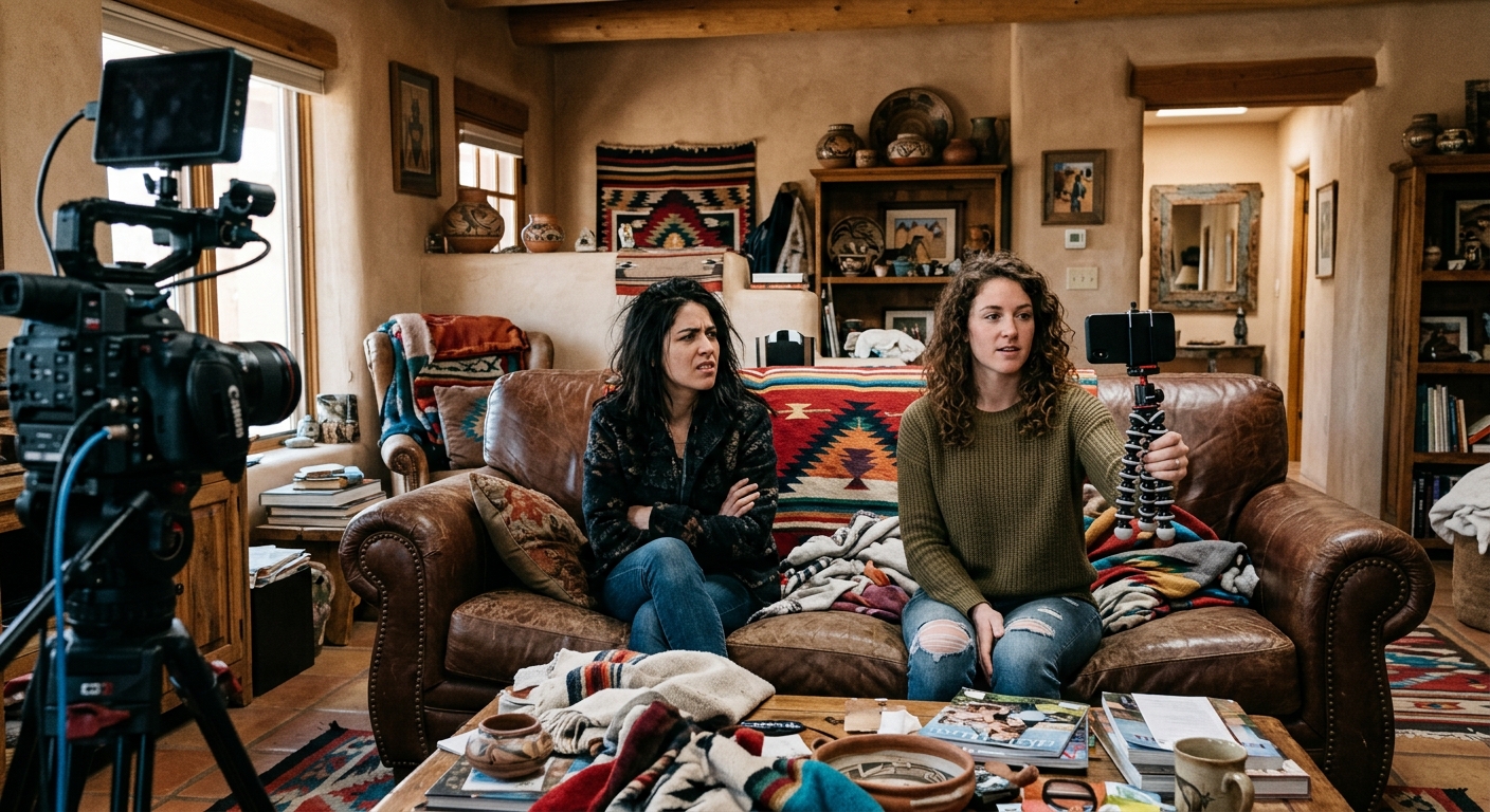 two women sitting awkwardly on a leather sofa in a messy adobe-style living room with Southwestern decor, one holding up a smartphone on a small tripod while th