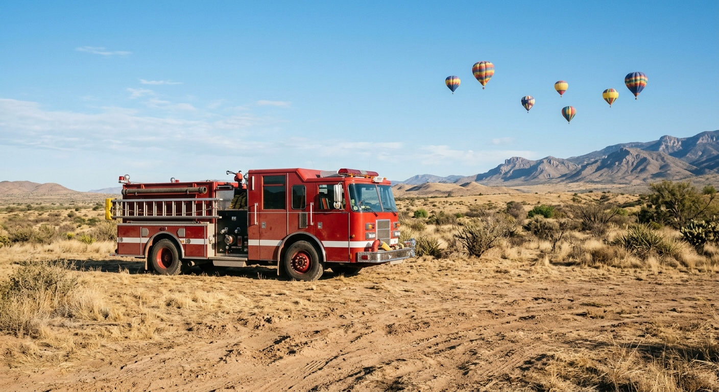 a generic red fire engine parked on a dusty, dry grass field, with a few large hot air balloons floating in the clear blue sky above a dry southwestern landscap