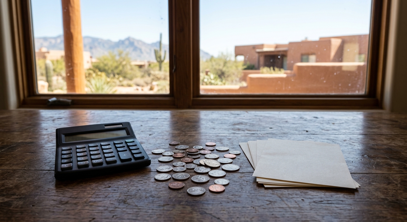 a blank calculator, scattered metal coins, and a small stack of blank paper documents resting on a rustic wooden kitchen table, with a softly blurred window in