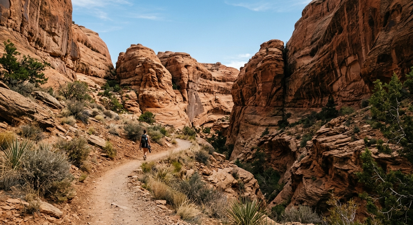 a dirt hiking trail winding through towering red rock formations and a narrow sandstone slot canyon surrounded by dry desert scrub in the American Southwest, na