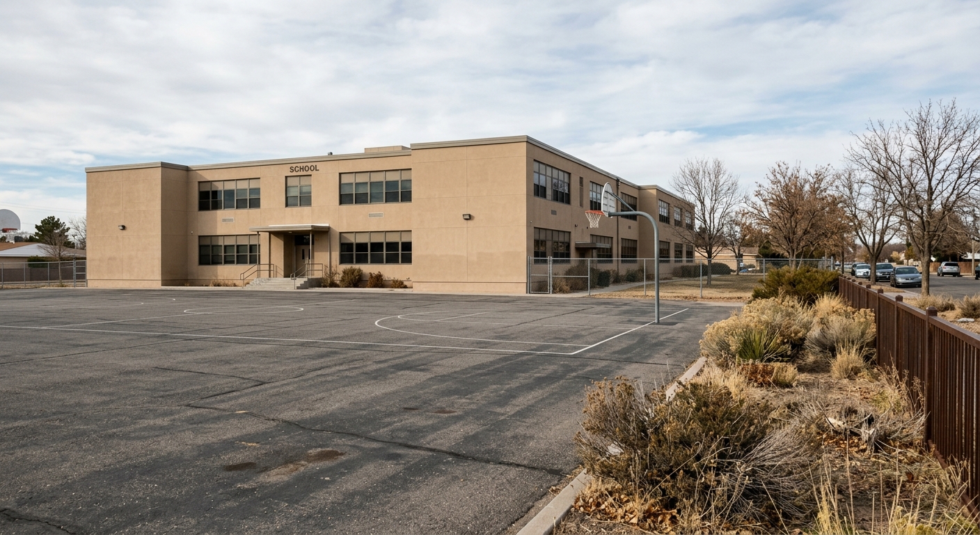 an empty asphalt school playground and a quiet public school building featuring flat tan stucco architecture and dry landscaping with native shrubs, natural eve