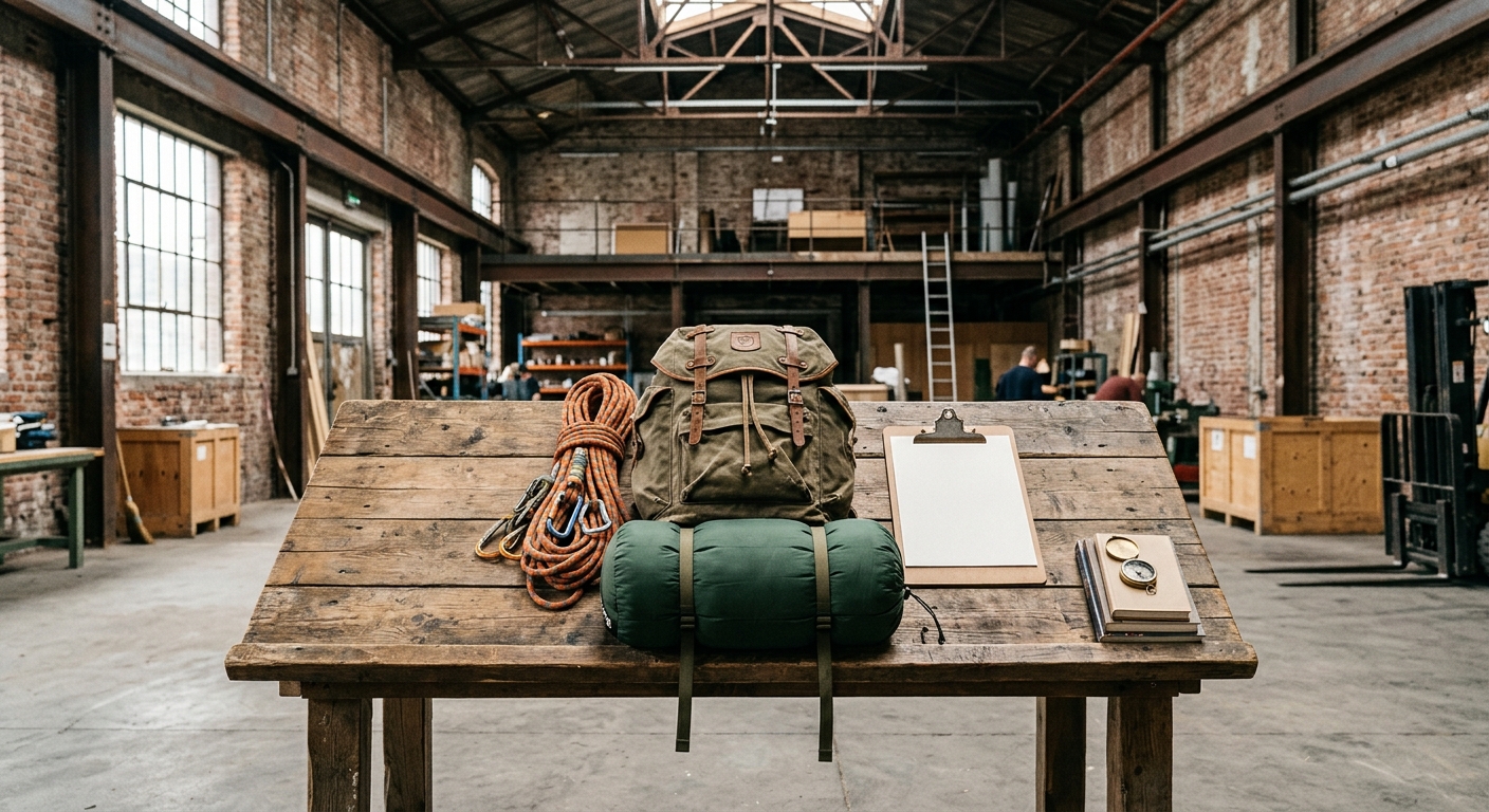 a rustic wooden display table inside a spacious industrial brick warehouse with exposed steel beams, showcasing an assortment of outdoor recreation equipment in