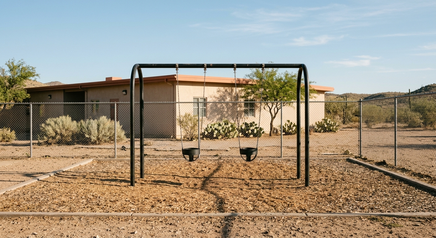 an empty, quiet school playground with an unoccupied set of swings over woodchips, backed by a single-story stucco school building and a chain-link fence in a d