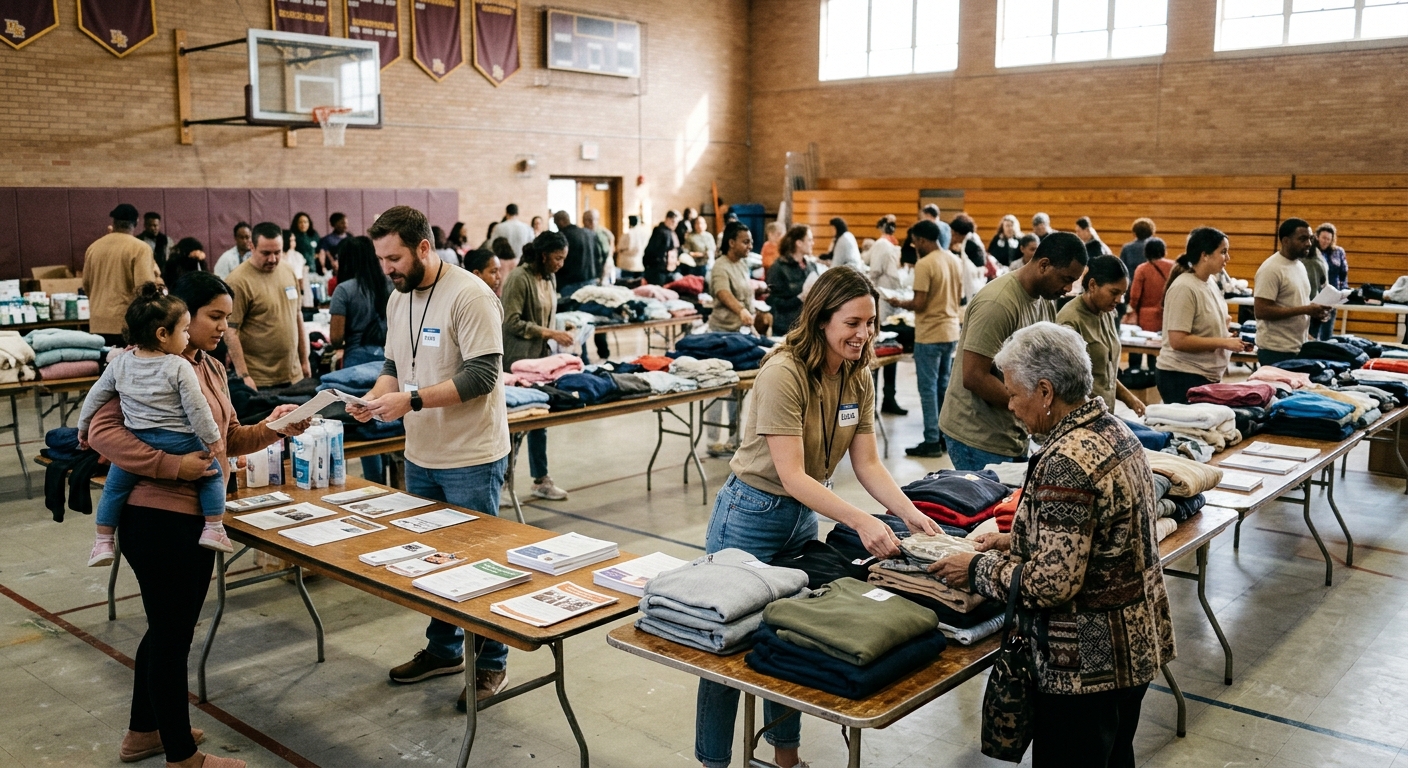 a community assistance event in a brightly lit school gymnasium, featuring rows of folding tables with neatly folded clothing and resource materials, where volu