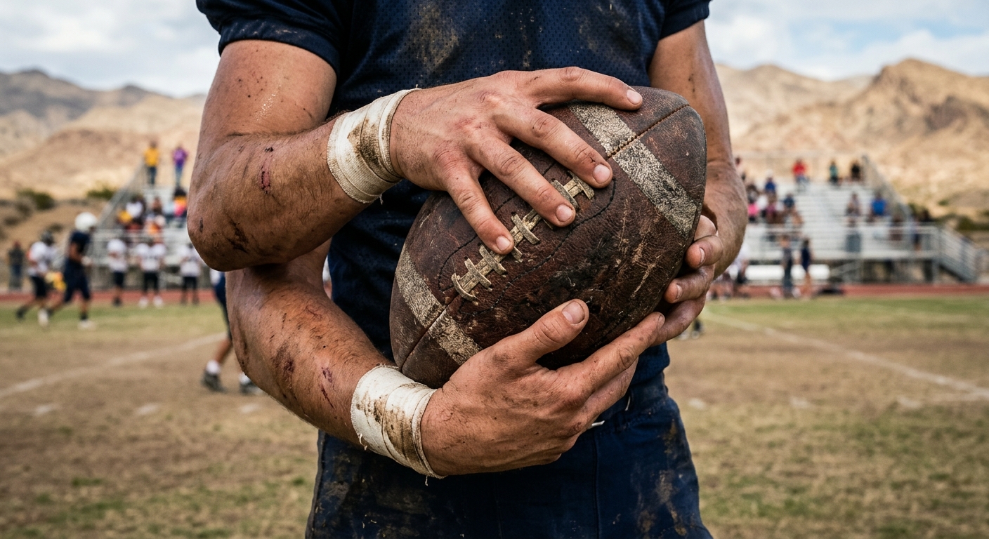 a close-up of a worn leather football being tightly clutched by a player's hands and arms in an unbranded uniform during a gritty outdoor daytime college game,