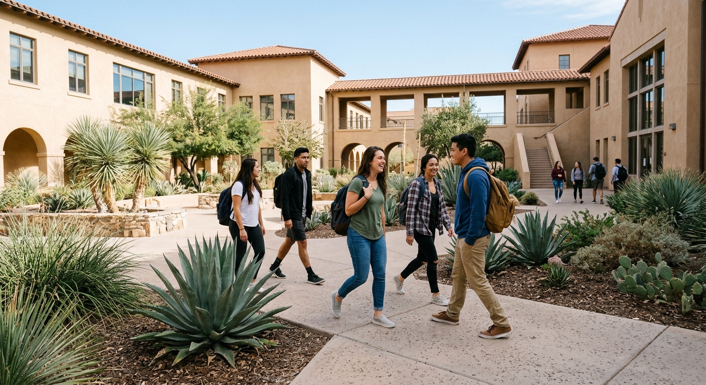 several young adults wearing casual clothing and carrying backpacks walking across a sunlit university campus courtyard, surrounded by tan stucco architecture a