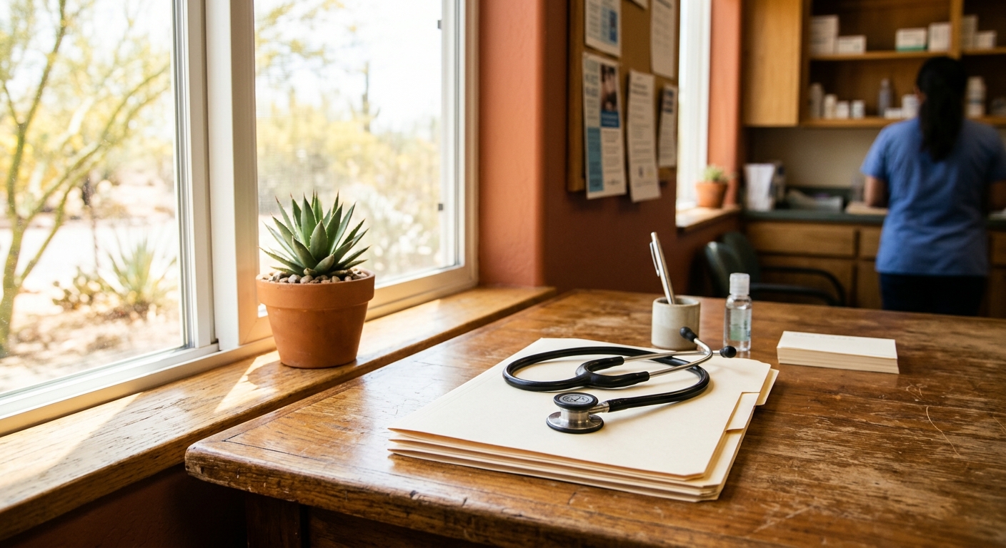 a stethoscope resting on blank medical folders on a wooden desk inside a community health clinic, warm bright desert sunlight streaming through a nearby window
