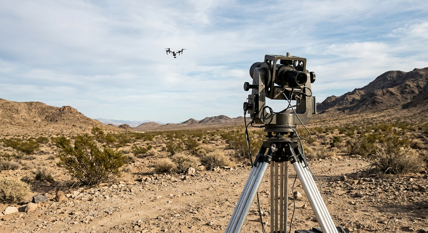 a piece of heavy-duty optical tracking equipment mounted on a rugged tripod in a dusty desert landscape, aimed toward a small commercial drone hovering in the s