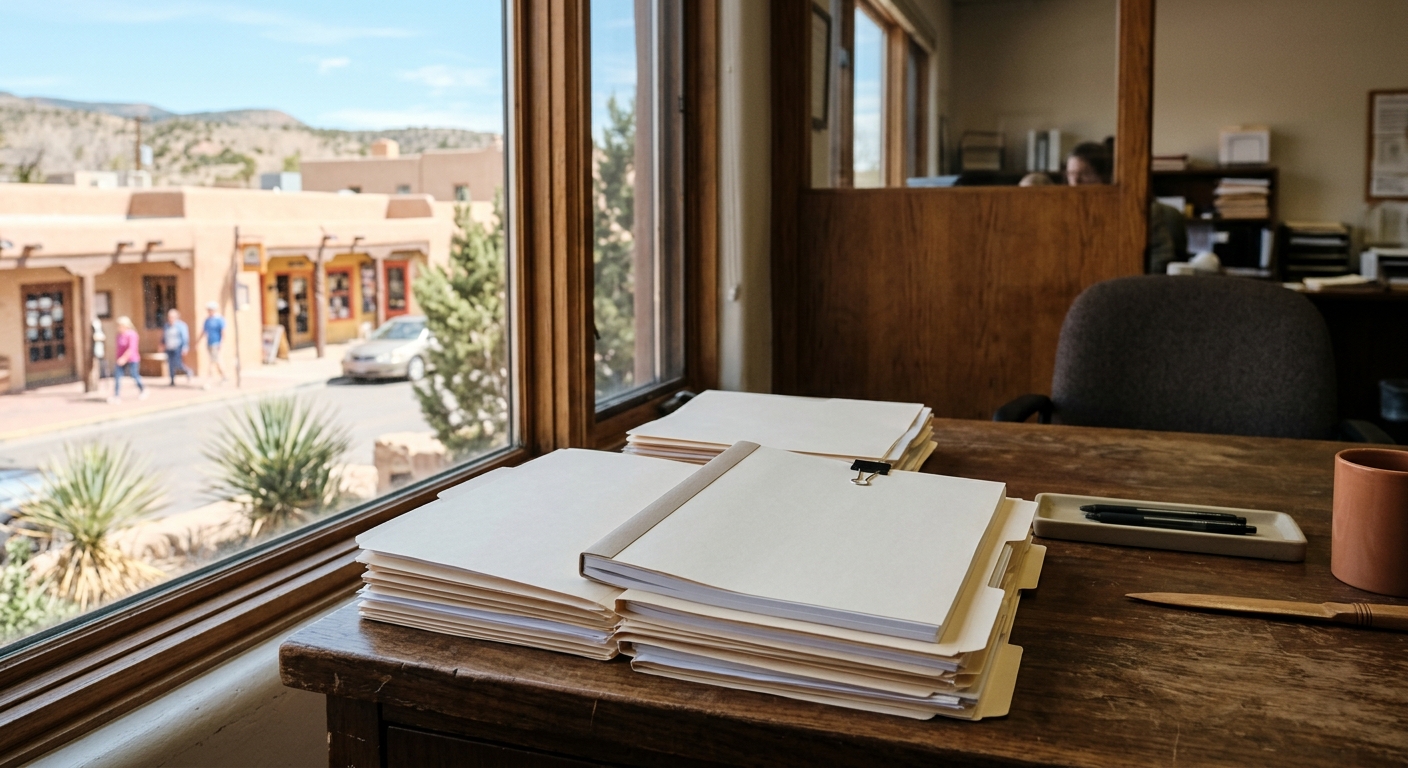 a stack of blank official paperwork and manila folders on a wooden desk inside a local government office, with a window in the background showing a sunny southw