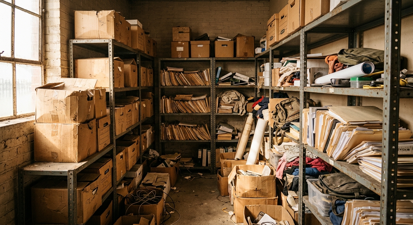 a deeply cluttered government storage room with stacked cardboard storage boxes, overflowing manila folders, and disorganized piles of assorted personal belongi