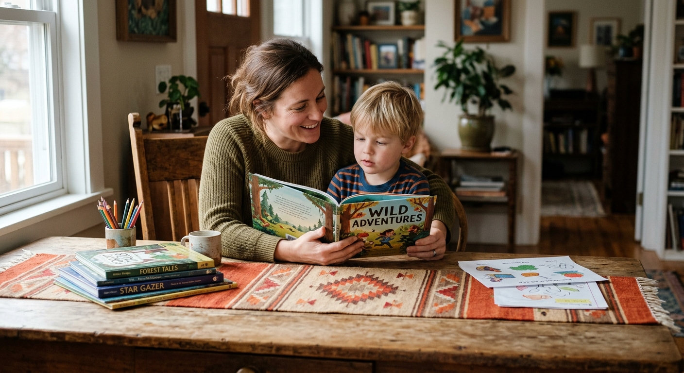 a close-up of a parent and young child reading an illustrated children's book together at a rustic wooden dining table, surrounded by a stack of books and educa