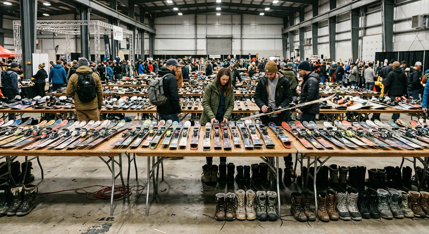 rows of used skis, snowboards, and winter boots arranged on long folding tables inside a large indoor exposition hall with concrete floors and overhead industri