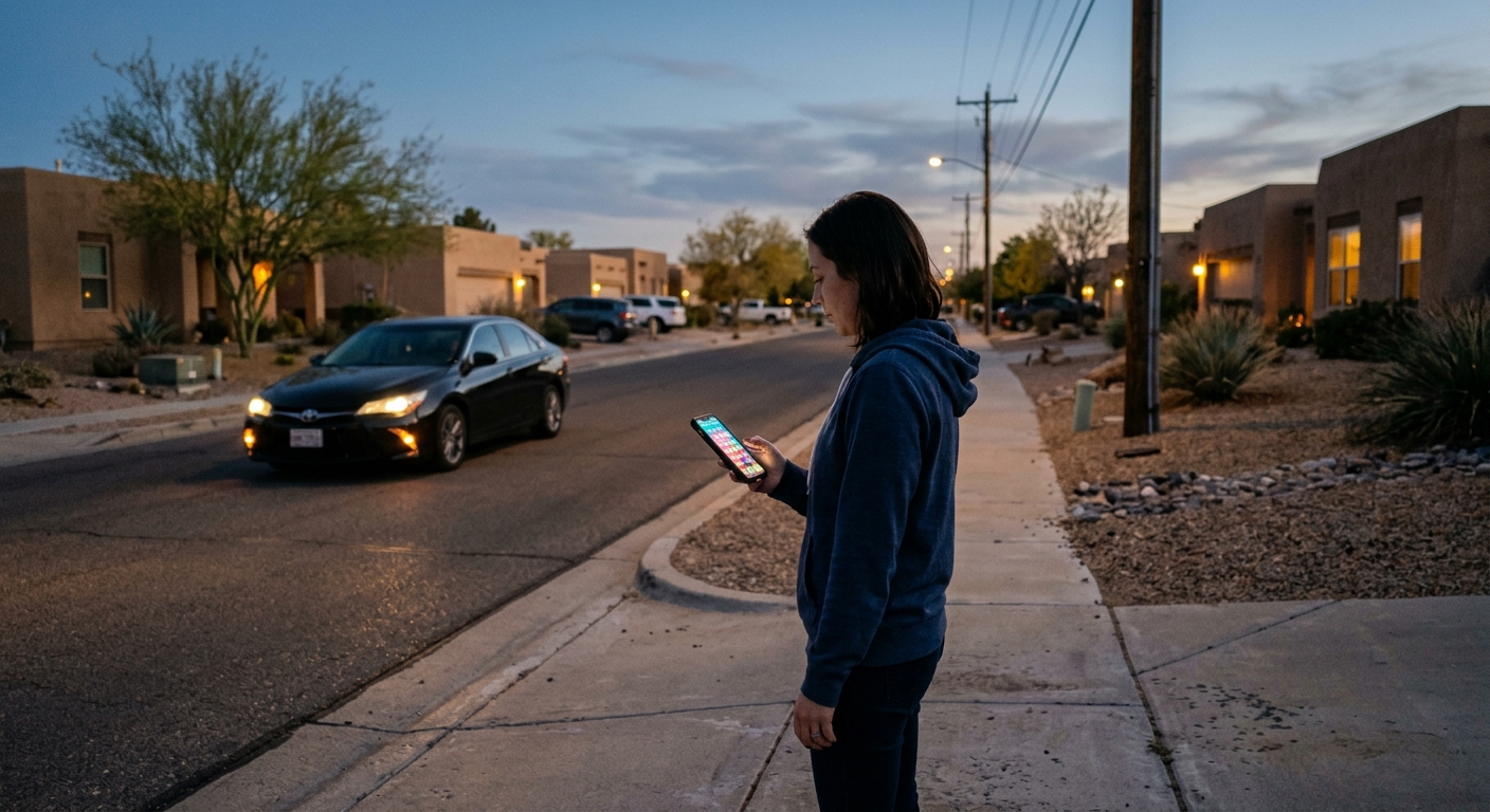 a glowing smartphone in a person's hand on a suburban sidewalk at dusk, with a dark sedan pulling up to the curb in the background