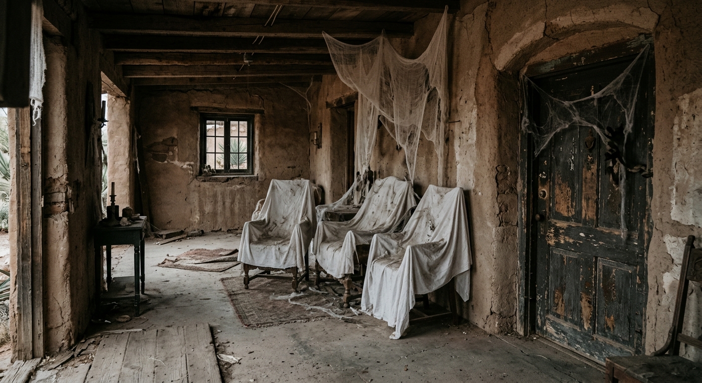a makeshift haunted house theatrical set inside a rustic building, featuring antique wooden chairs covered in dust sheets, faux cobwebs, and a weathered wooden