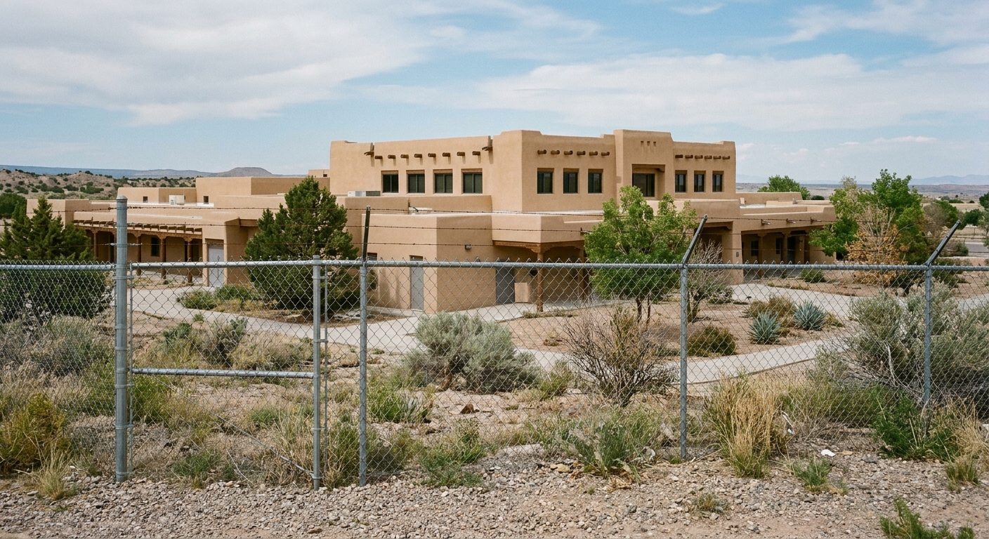 the exterior of a quiet high school building featuring typical Southwestern architecture with tan stucco walls and flat roofs, viewed from behind a chain-link f
