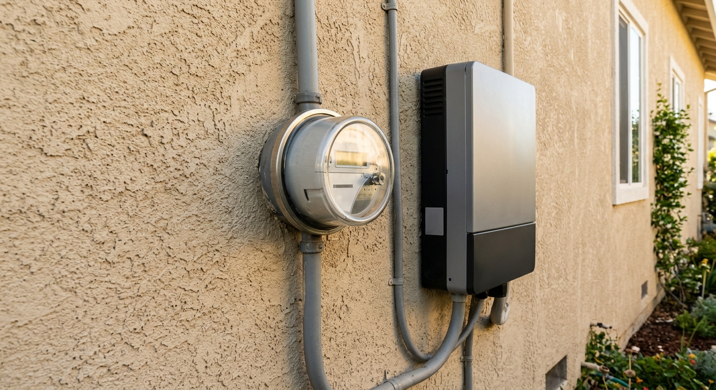 a glass utility power meter mounted on a sunlit beige stucco wall of a house, next to a modern solar inverter box, natural everyday lighting, shot on a DSLR cam