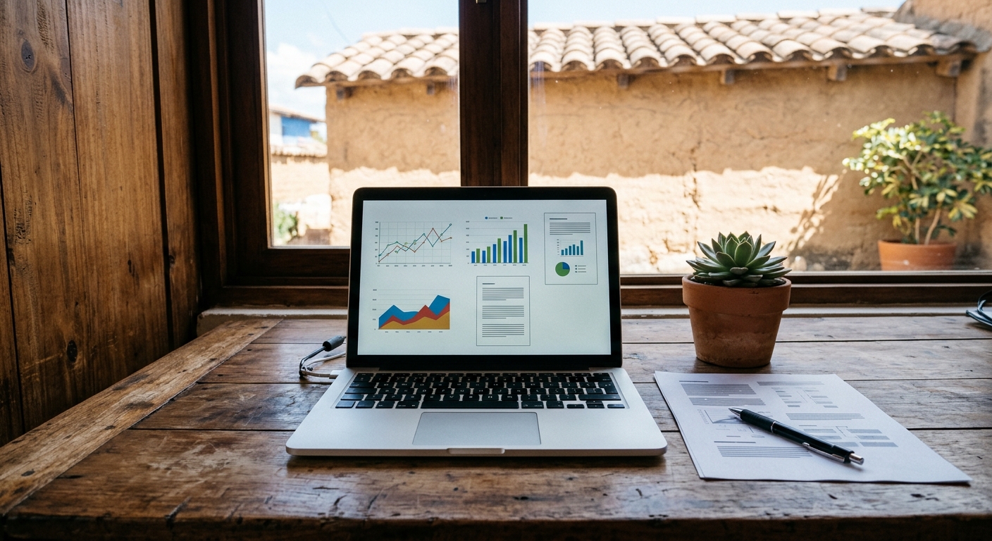 a laptop on a rustic wooden desk displaying generic financial graphs and document layouts, next to a printed paper document, a pen, and a small potted succulent
